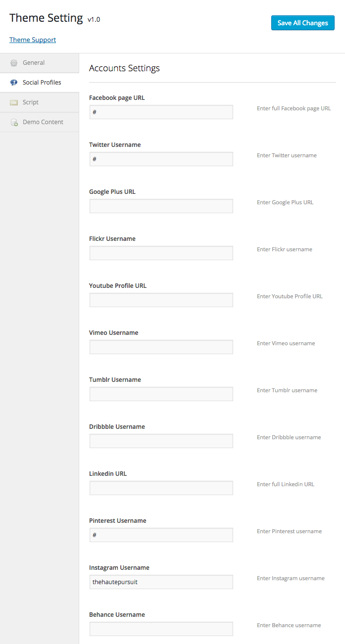 Theme Setting > Social Profiles for all social media options